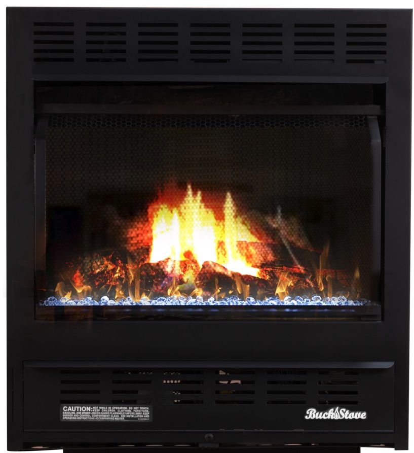 Buck Stove Deluxe Corner Fireplace Mantel with Model 1127 Vent Free Gas Fireplace