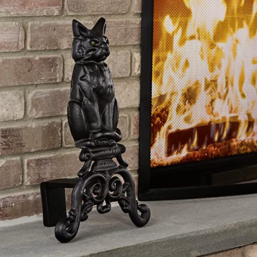Cat Fireplace Andirons in Black with Reflective Glass Eyes