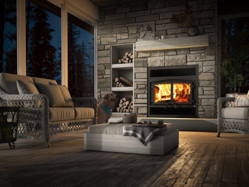 Osburn Stratford II Wood Fireplace with Ventis Chimney Pipe