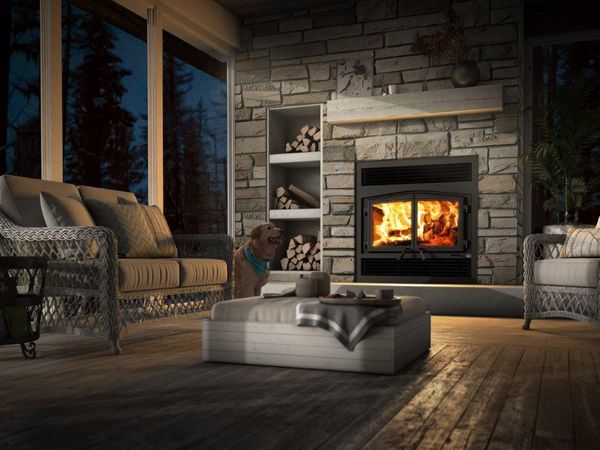 Osburn Stratford II Wood Fireplace with Ventis Chimney Pipe