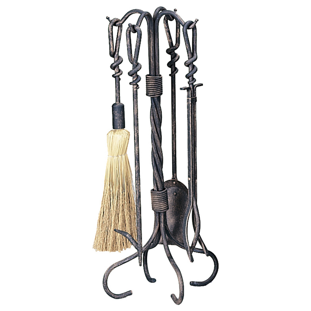 Uniflame Antique Rust Wrought Iron Fireplace Tool Set with Ring Twist