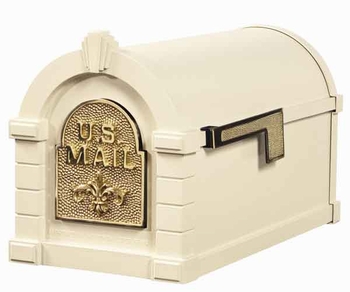 Gaines Keystone Mailbox Almond with Polished Brass Fleur De Lis