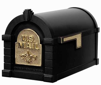 Gaines Keystone Mailbox Black with Polished Brass Fleur De Lis
