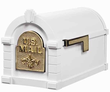 Gaines Keystone Mailbox White with Polished Brass Fleur De Lis