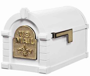 Keystone Mailbox White w/Polished Brass Fleur De Lis