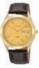Seiko Leather Strap Gold-Tone Dial Men's Watch Solar #SNE052