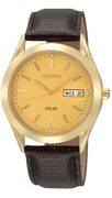 Seiko Leather Strap Gold-Tone Dial Men's Watch Solar #SNE052