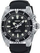 Seiko Men's Kinetic Dive Watch Stainless Black Dial Black Rubber Strap