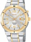 Seiko Mens Perpetual Calendar Silver Dial Stainless Gold Tone SNQ076