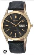 SNE054 Seiko Mens Watch Gold Tone Steel Solar Black Dial Leather Strap