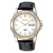 Seiko SNE104 Mens Watch Two Tone Solar Quartz White Dial Leather Strap