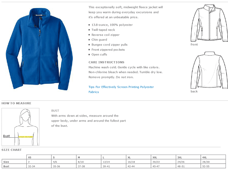 FULL ZIP FLEECE JACKET WOMEN'S SIZING
