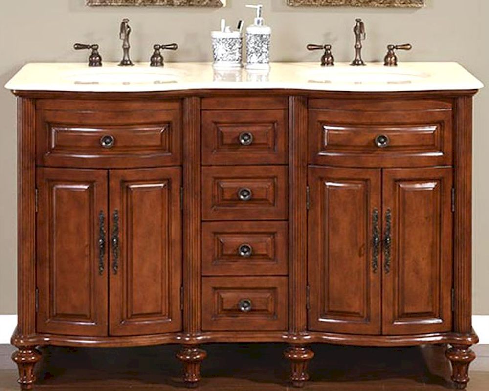 Silkroad 55" Double Bathroom Vanity Crema Marfil Top, Ivory Sinks
