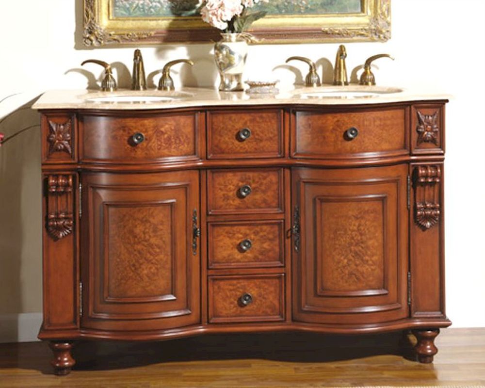 Silkroad 55" Double Bathroom Vanity Travertine Top, Ivory Sinks