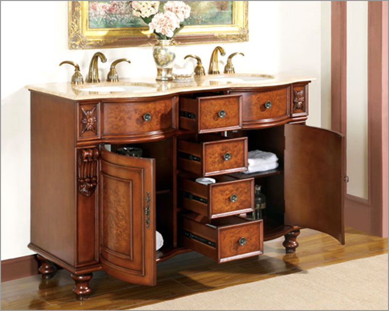 Silkroad 55" Double Bathroom Vanity Travertine Top, Ivory Sinks