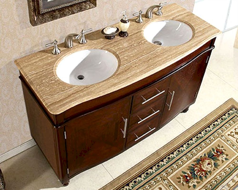 Silkroad 55" Double Bathroom Vanity Travertine Top, White Sinks