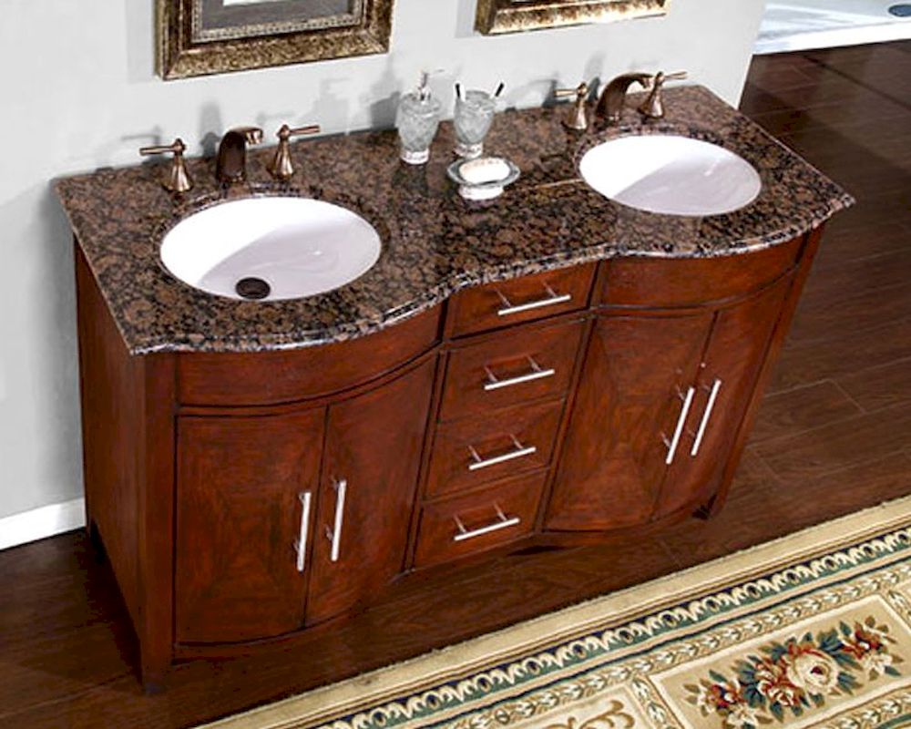 Silkroad 58" Double Bathroom Vanity Brown Granite Top, White Sinks