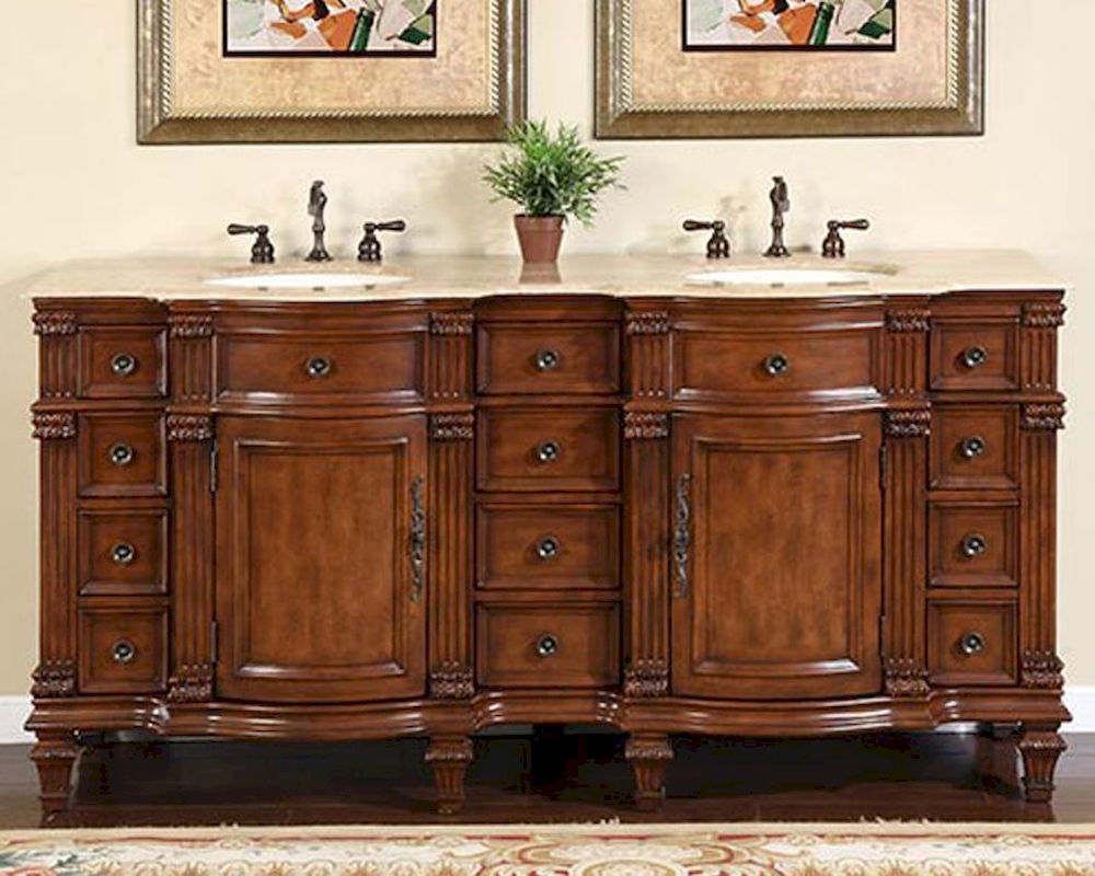 Silkroad 72" Double Sink Travertine Top, Undermount Sinks