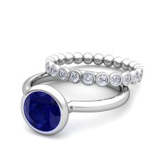 Bezel Set Blue Sapphire Ring and Diamond Wedding Ring Bridal Set in Platinum, 6mm