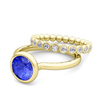 Bezel Set Ceylon Sapphire Ring and Diamond Wedding Ring Bridal Set in 18k Gold, 7mm