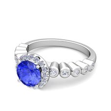 Bezel Set Diamond and Ceylon Sapphire Halo Engagement Ring in 14k Gold, 7mm