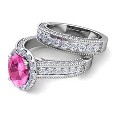 Bridal Set of Heirloom Diamond and Pink Sapphire Engagement Wedding Ring in 14k Gold, 8x6mm