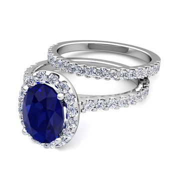 Bridal Set: Pave Diamond and Sapphire Engagement Wedding Ring in Platinum, 9x7mm