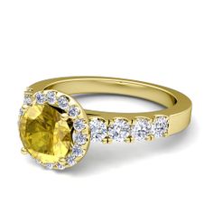 Brilliant Pave Set Diamond and Yellow Sapphire Halo Engagement Ring in 18k Gold, 6mm