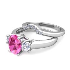 Classic Diamond and Pink Sapphire Three Stone Ring Bridal Set in 14k Gold, 9x7mm