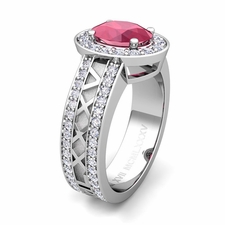 Custom Halo Gemstone Engagement Ring in Roman Numeral Band