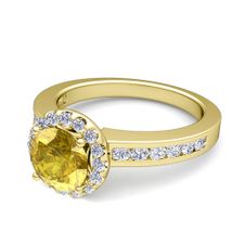 Diamond and Yellow Sapphire Halo Engagement Ring in 18k Gold Channel Set Ring, 6mm