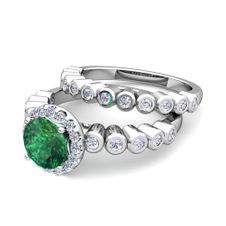 Halo Bridal Set: Bezel Diamond and Emerald Engagement Wedding Ring Set in Platinum, 7mm