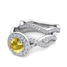 Infinity Diamond and Yellow Sapphire Engagement Ring Bridal Set in 14k Gold, 7mm