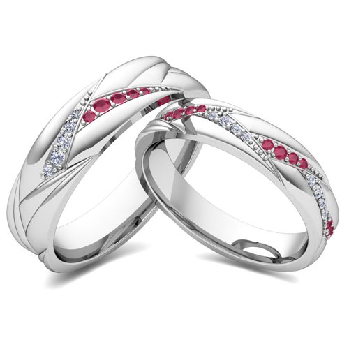 His Her Matching Wedding Ring Bands in 18k Gold Ruby Diamond Ring