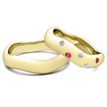 Matching Wedding Band in 14k Gold Curved Diamond and Ruby Ring
