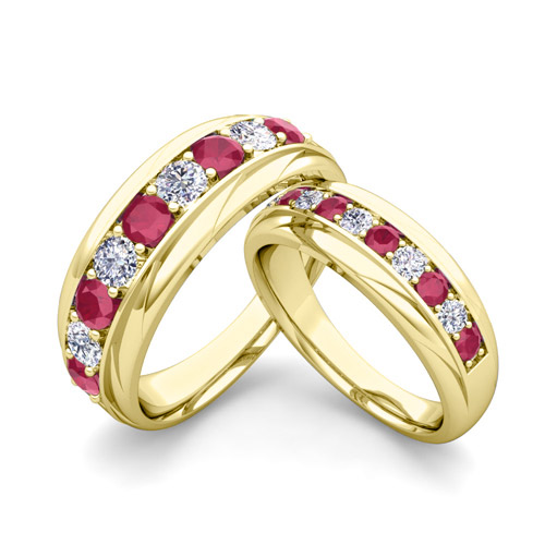 His and Hers Wedding Band 18k Gold Pave Ruby Wedding Rings