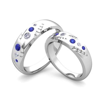 Matching Wedding Ring Set: Flush Set Diamond and Sapphire Ring in Platinum