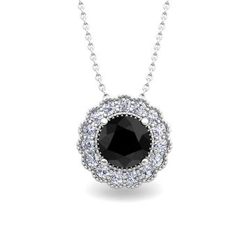 Milgrain Black Diamond Halo Pendant in 14k Gold Necklace 6mm
