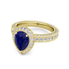 Milgrain Pear Shaped Sapphire and Diamond Engagement Ring in 18k Gold, 7x5mm