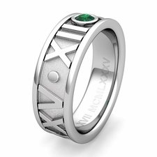 Custom Roman Numeral Wedding Ring with Solitaire Diamond and Gemstone, 7mm