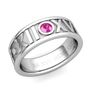 Custom Roman Numeral Wedding Ring with Solitaire Diamond and Gemstone, 7mm