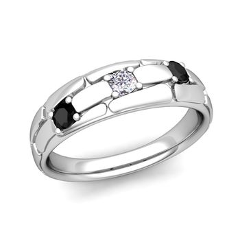 Organica 3 Stone Black and White Diamond Wedding Band in 14k Gold, 6mm