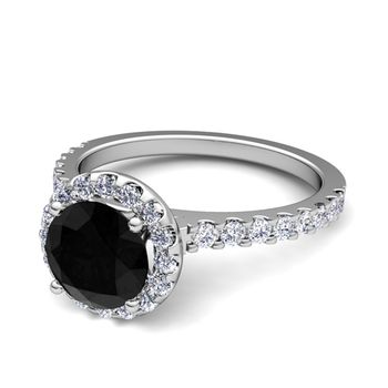 Petite Pave Set Black and White Diamond Halo Engagement Ring in 14k Gold, 5mm