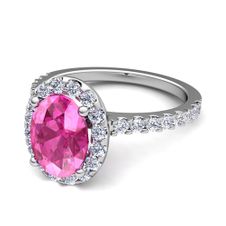 Petite Pave Set Diamond and Pink Sapphire Halo Engagement Ring in Platinum, 8x6mm