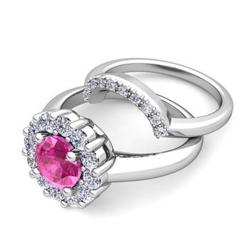Pink Sapphire and Halo Diamond Engagement Ring Bridal Set in Platinum, 5mm