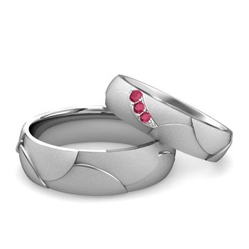 Matching Wedding Bands 3 Stone Ruby Wedding Ring in Platinum