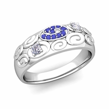 Swirl Diamond and Sapphire Mens Wedding Ring Band in Platinum, 7.75mm