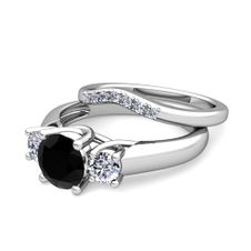 Trellis Black and White Diamond Three Stone Ring Bridal Set in 14k Gold, 6mm