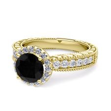 Vintage Inspired Black and White Diamond Engagement Ring in 18k Gold, 6mm