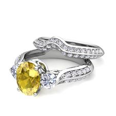 Vintage Inspired Diamond and Yellow Sapphire Three Stone Ring Bridal Set in 14k Gold, 9x7mm